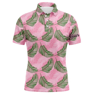 Mens golf polo shirt custom pink leopard palm leaves tropical golf shirts, golf clothes for men NQS6373