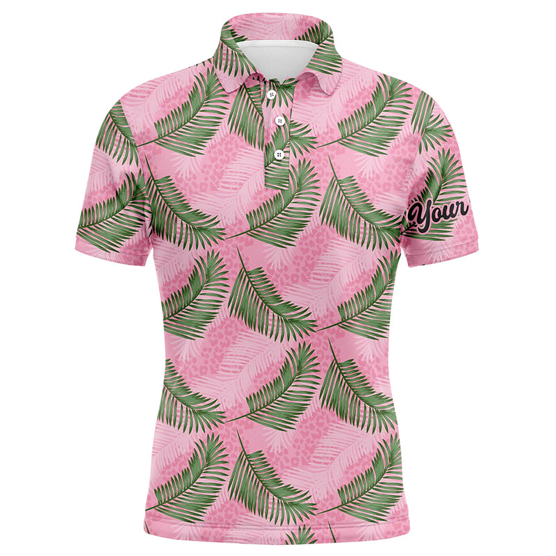 Mens golf polo shirt custom pink leopard palm leaves tropical golf shirts, golf clothes for men NQS6373