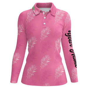 Women golf polo shirts custom pink palm leaves tropical pattern golf shirts, womens golf tops NQS6374