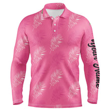 Load image into Gallery viewer, Mens golf polo shirt custom pink palm leaves tropical pattern golf shirts, mens golf tops NQS6374