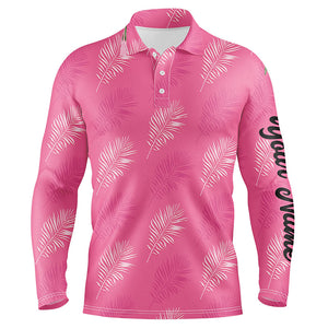 Mens golf polo shirt custom pink palm leaves tropical pattern golf shirts, mens golf tops NQS6374