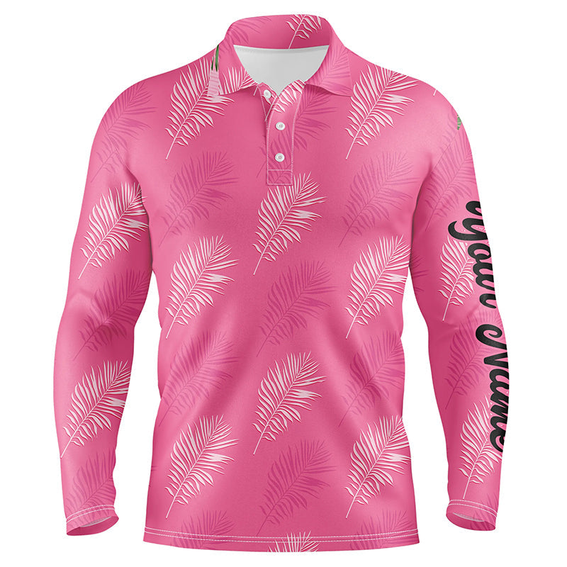 Mens golf polo shirt custom pink palm leaves tropical pattern golf shirts, mens golf tops NQS6374