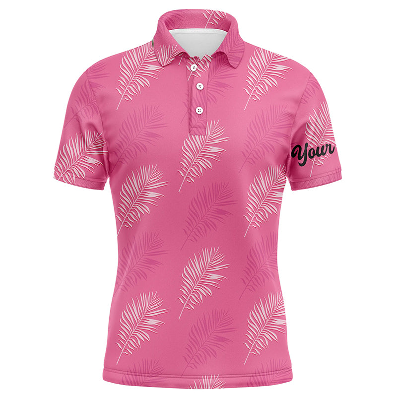 Mens golf polo shirt custom pink palm leaves tropical pattern golf shirts, mens golf tops NQS6374