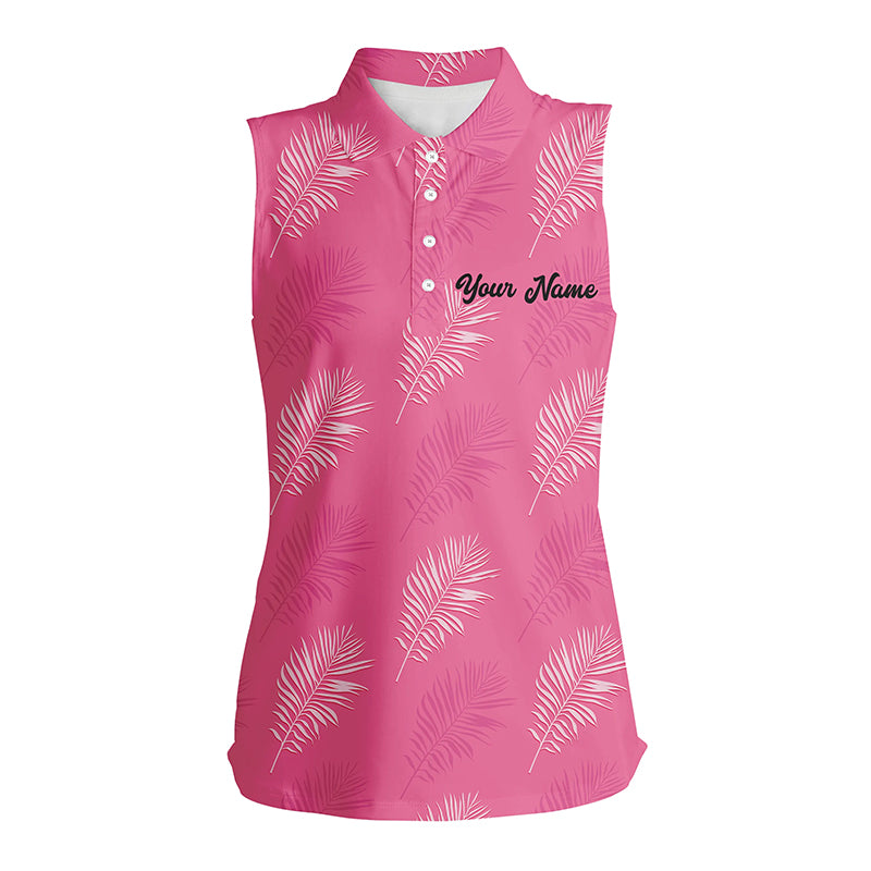 Women sleeveless polo shirt custom pink palm leaves tropical pattern golf shirts, womens golf tops NQS6374