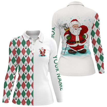 Funny Santa golfer Womens golf polo shirt custom Christmas golf ball pattern, Christmas golf gifts NQS6840