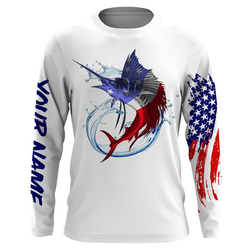 Sailfish fishing American flag patriotic Custom Name UV protection UPF 30+ fishing jersey, Gifts for Fisherman NQS2942