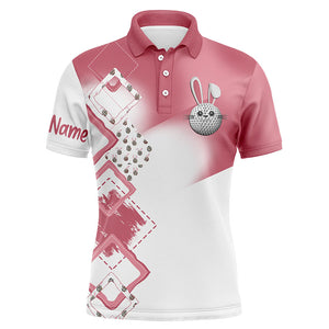 Mens golf polo shirt custom name pink Easter eggs bunny golf shirts, Easter golfing gifts for men NQS4915