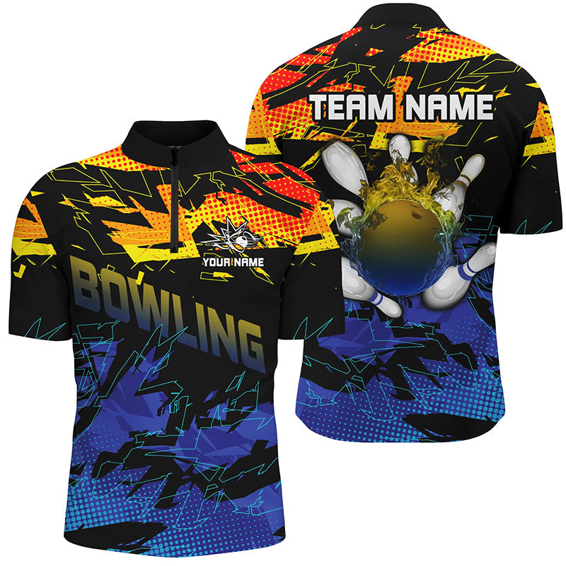 Blue and yellow camo bowling Quarter Zip shirts for men Custom Team bowling jerseys, gift for bowlers NQS7284