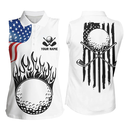 Women sleeveless golf polo shirt custom American flag golf ball fire patriot golf tops, golf attire NQS7287