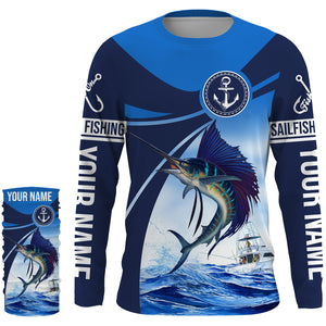Sailfish fishing blue sea underwater ocean saltwater Custom Name performance long sleeve fishing shirt NQS3743
