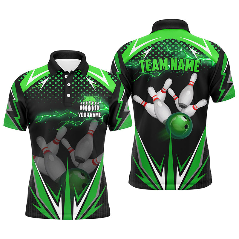 Black Men Bowling Polo Shirt Custom green lightning team Mens Bowlers Jerseys bowling outfits NQS6589