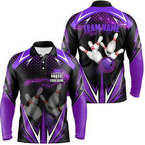 Black Men Bowling Polo Shirt Custom purple lightning team Mens Bowlers Jerseys bowling outfits NQS6590