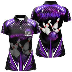 Black Women Bowling Polo Shirt Custom purple lightning team Ladies Bowlers Jerseys bowling outfits NQS6590