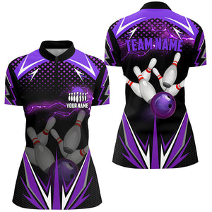 Black Women Bowling Quarter-Zip Shirt Custom purple lightning team Ladies Bowler Jersey bowling outfit NQS6590