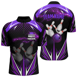 Black Men Bowling Quarter-Zip Shirt Custom purple lightning team Mens Bowlers Jerseys bowling outfits NQS6590