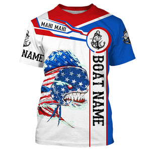 Angry Mahi mahi American flag Dorado fishing Custom name and boat name tournament fishing shirts NQS4550