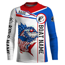 Load image into Gallery viewer, Angry Largemouth Bass American flag patriot fishing Custom name and boat name tournament fishing shirt NQS4551