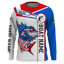 Load image into Gallery viewer, Angry Largemouth Bass American flag patriot fishing Custom name and boat name tournament fishing shirt NQS4551