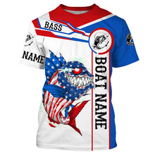 Load image into Gallery viewer, Angry Largemouth Bass American flag patriot fishing Custom name and boat name tournament fishing shirt NQS4551