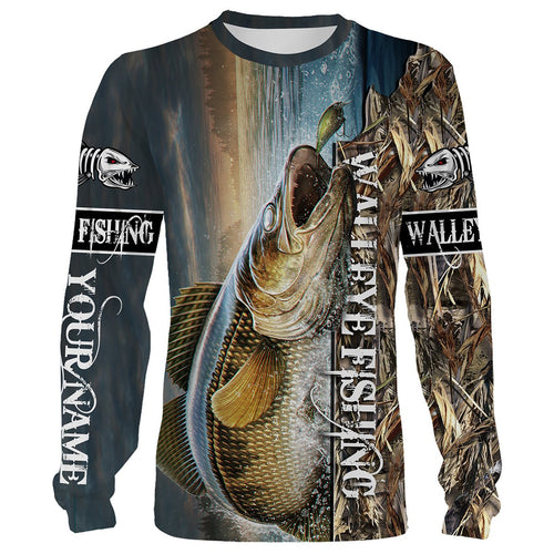 Personalized Walleye fishing tattoo jerseys, Walleye Long Sleeve Fishing  tournament shirts, Green NQS3767