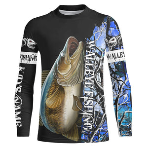 Walleye fishing Blue camo UV protection Customize name long sleeves fishing shirts Adult, kid NQS844