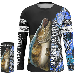 Walleye fishing Blue camo UV protection Customize name long sleeves fishing shirts Adult, kid NQS844