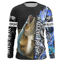 Load image into Gallery viewer, Walleye fishing Blue camo UV protection Customize name long sleeves fishing shirts Adult, kid NQS844