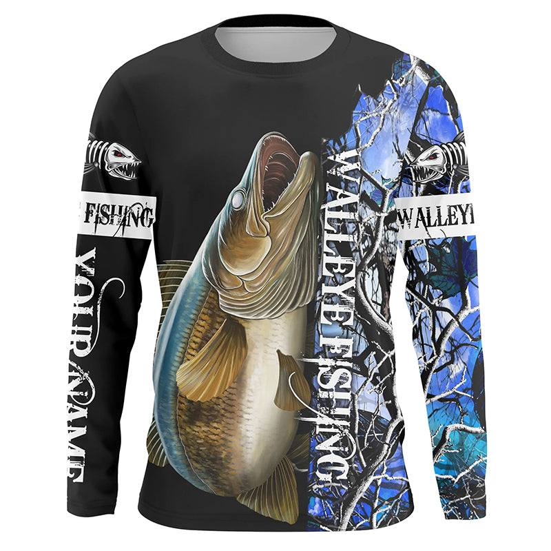 Walleye fishing Blue camo UV protection Customize name long sleeves fishing shirts Adult, kid NQS844