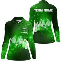 Load image into Gallery viewer, Womens Bowling Polo Shirt Custom Green flashes of lightning thunder bowling team Ladies bowler Jersey NQS7046