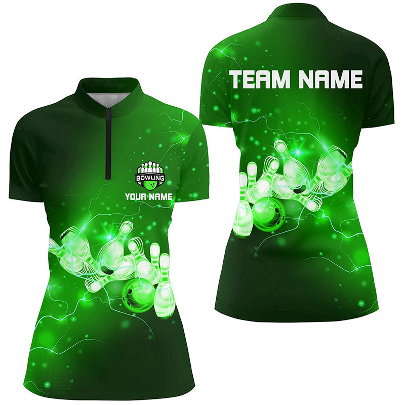 Womens Bowling Quarter-Zip Shirt Custom Green flashes of lightning thunder bowling team Ladies Jersey NQS7046