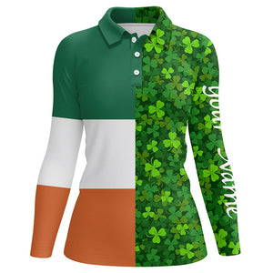 Womens golf polos shirts custom Green clover St Patrick's Day pattern Ireland flag polos shirts NQS7049