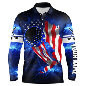 Mens patriot golf polos Golf ball blue galaxy universe American flag, custom gifts for golf lovers NQS3314