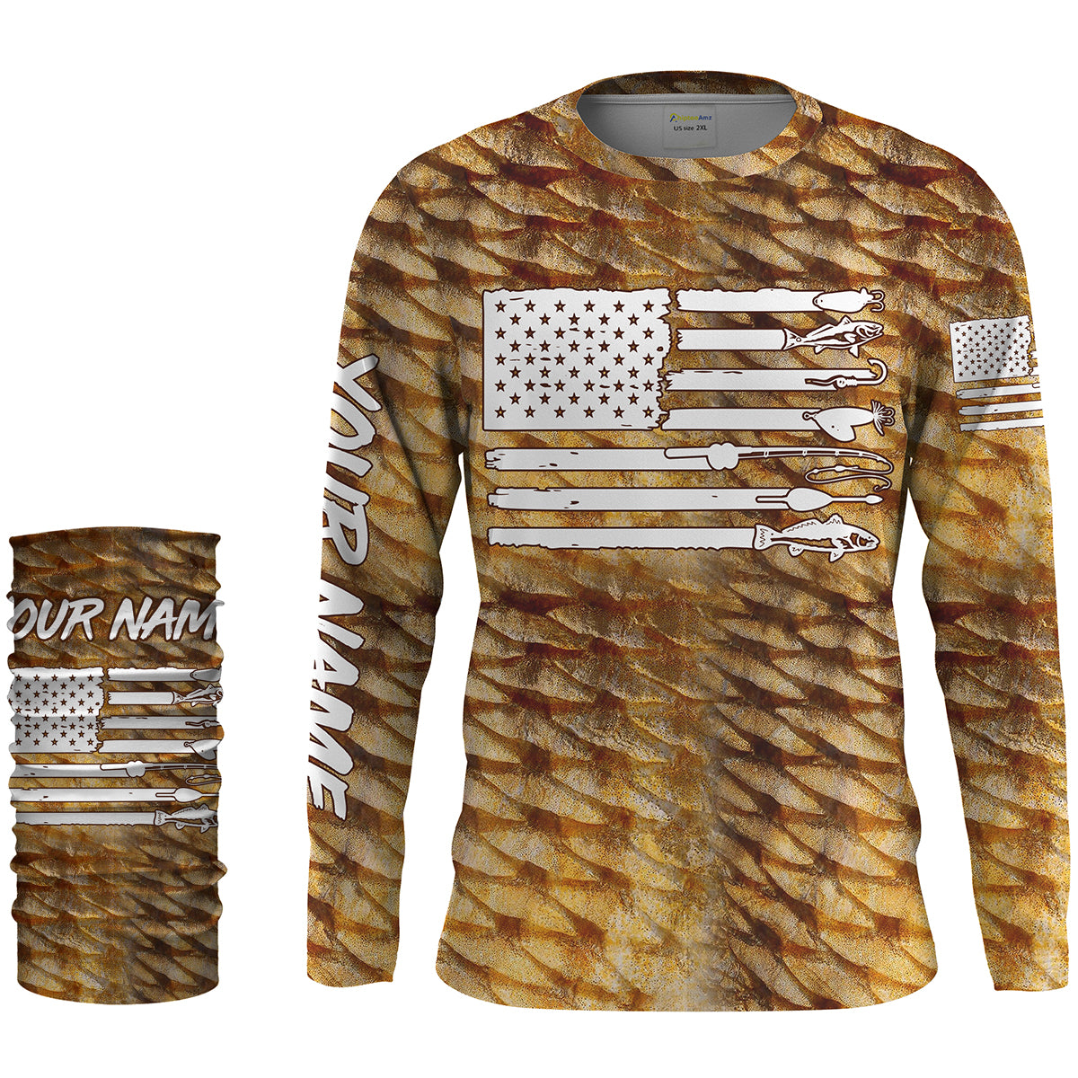 Redfish puppy drum Fishing American flag patriotic Customize Name long sleeves fishing shirts UPF 30+ NQS2220