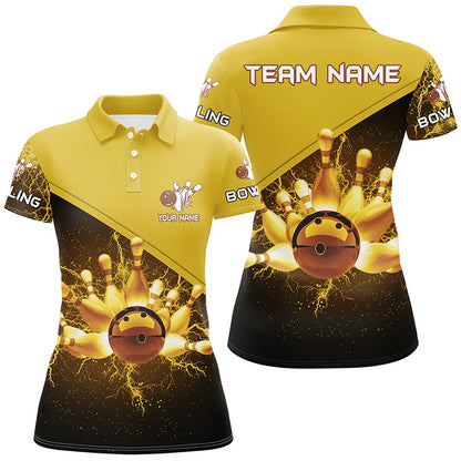 Women bowling polo shirts Custom gold lightning thunder Bowling Team Jersey, gift for team Bowlers NQS6383