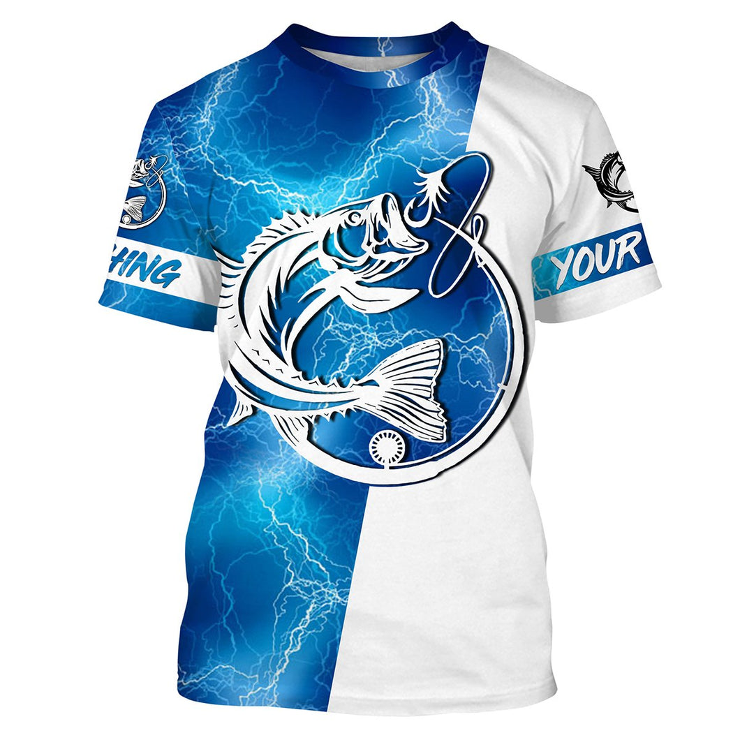 Bass Fishing tattoo blue lightning Customized Name Fishing jerseys performance apparel NQS2644