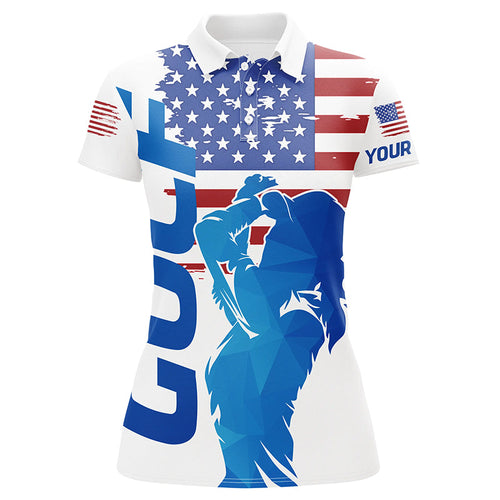 Red, white and blue Womens golf polo shirts custom American flag patriotic ladies golf attire NQS7294