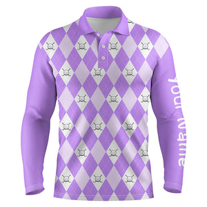 Purple argyle plaid pattern Mens golf polos shirts custom golf shirts for men, personalized golf gifts NQS5260