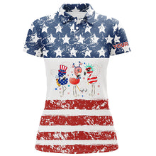 Load image into Gallery viewer, Funny American flag 4th July Flamingo women golf polo shirts custom patriotic white ladies golf tops NQS6399