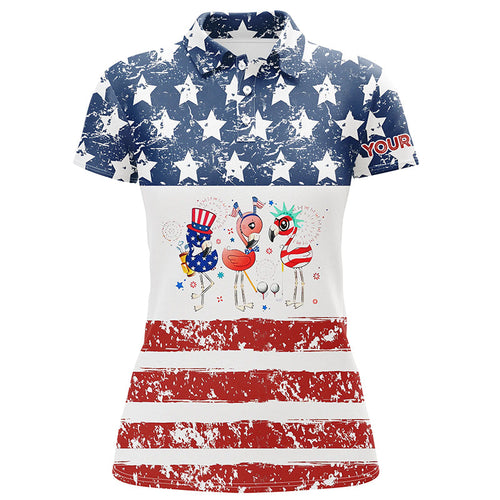 Funny American flag 4th July Flamingo women golf polo shirts custom patriotic white ladies golf tops NQS6399