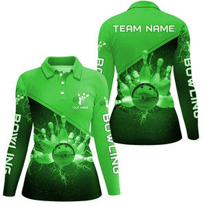 Women bowling polo shirts Custom green lightning thunder Bowling Team Jersey, gift for team Bowlers NQS6621