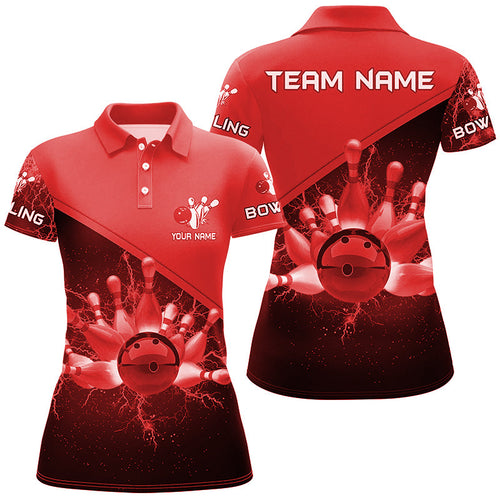 Women bowling polo shirts Custom red lightning thunder Bowling Team Jersey, gift for team Bowlers NQS6622