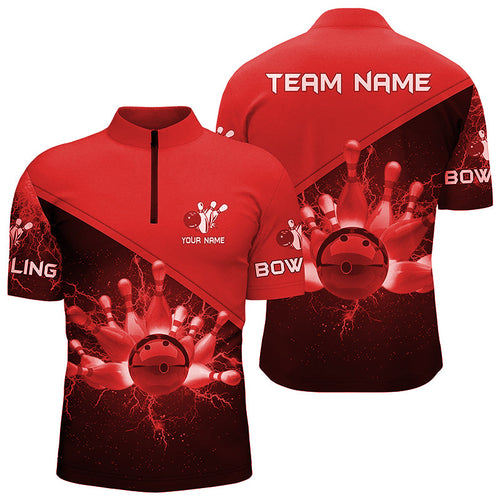 Men's Quarter Zip shirts Custom red lightning thunder Bowling Team Jersey, gift for team Bowlers NQS6622