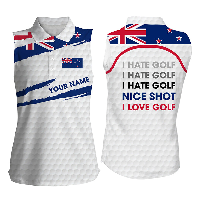 Womens sleeveless polo shirt New Zealand flag patriot custom name I hate golf nice shot I love golf NQS4365