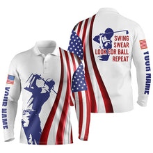 Load image into Gallery viewer, Mens golf polo shirt custom name American flag patriotic golf shirt swing swear look for ball repeat NQS5272