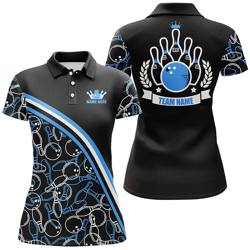 Personalized bowling polo shirts for women Custom name black blue bowling pattern, bowling team shirts NQS5277