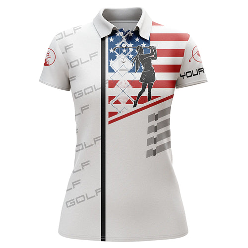 Womens golf polo shirt American flag patriotic golf shirts custom name golf gifts for women | White  NQS3945