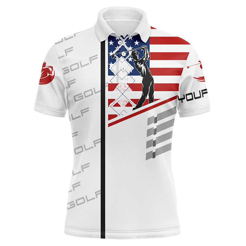 Mens golf polo shirt American flag patriotic golf shirts custom name golf gifts for men | White  NQS3945