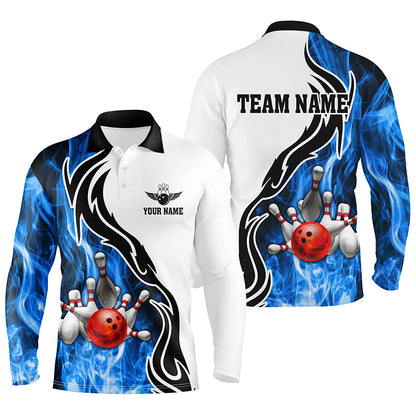 Mens polo bowling shirt Custom bowling ball pins strike team league jersey, bowl gifts | Blue NQS6404