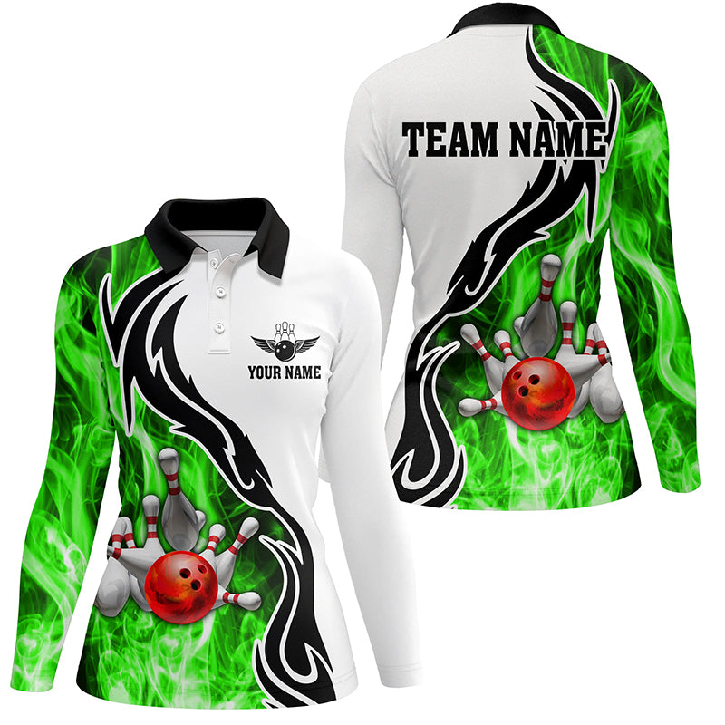 Women bowling polo shirt Custom bowling ball pins strike team league jersey, bowl gifts | Green NQS6405
