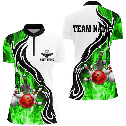 Women bowling Quarter Zip shirt Custom bowling ball pins strike team league jersey, bowl gift | Green NQS6405